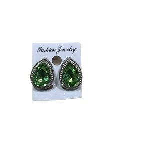 Green Gemstone and Rhinestone Silver Teardrop Stud Earrings